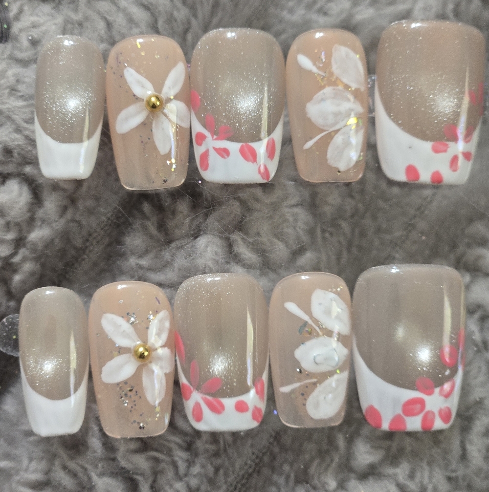 Neutral Pink Floral Press-On Nails with White Tips